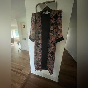 If By Sea Anthropologie Floral‎ Black Kimono Duster Robe Women’s Sz S Boho